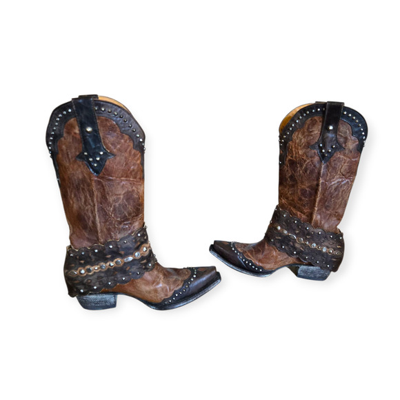 Old Gringo Brown Western Distressed Leather Studded Pointed Toe Cowboy Boots - Picture 5 of 9